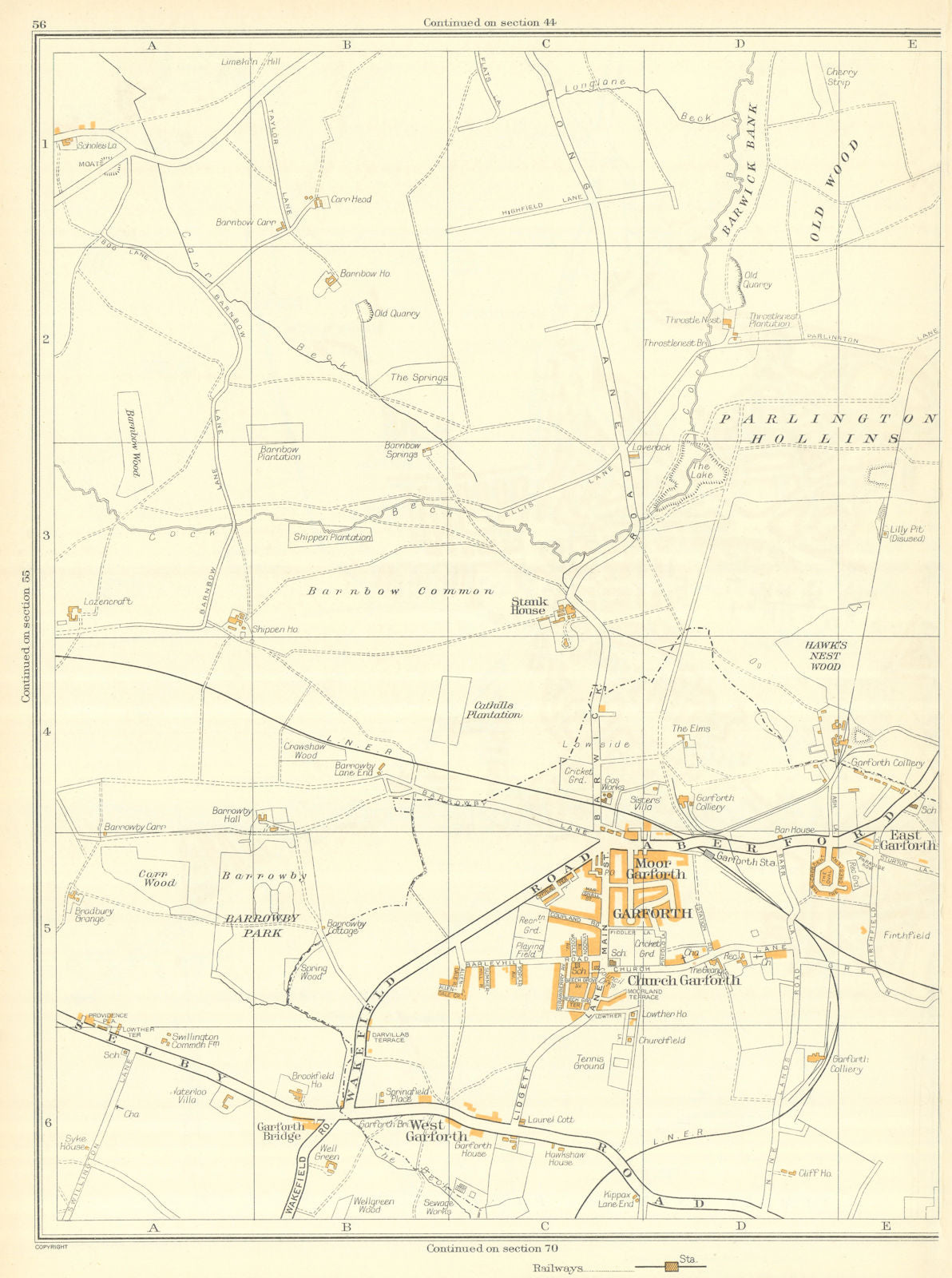 YORKSHIRE West Church East Moor Garforth Barrowby Parlington Hollins 1935 map